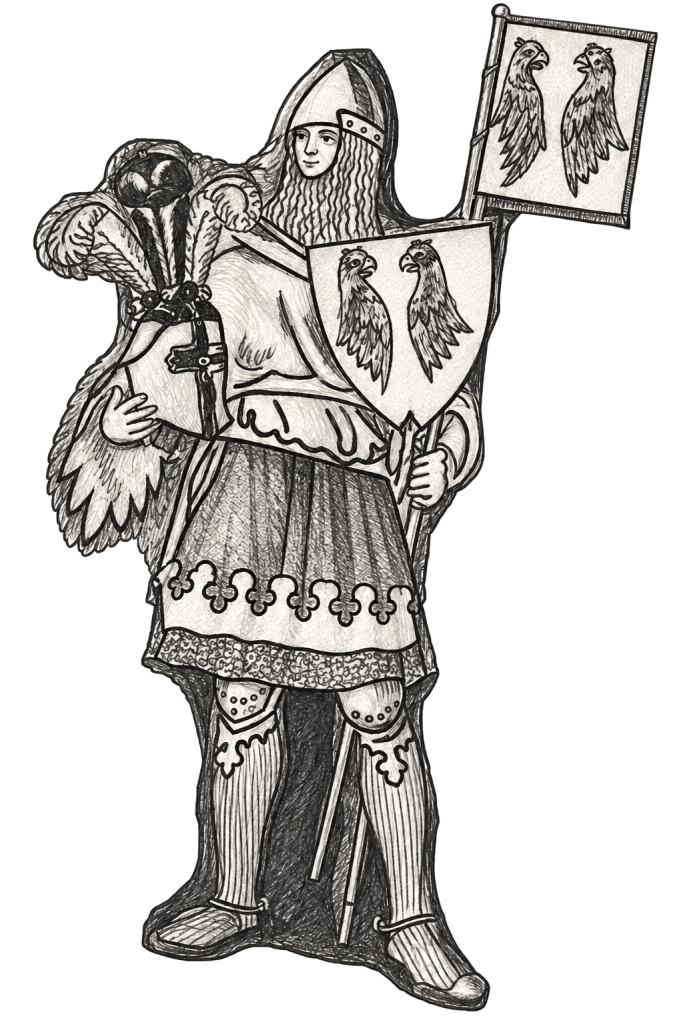 Historische Ritterdarstellung mit Wappenschilden der Familie von Platen